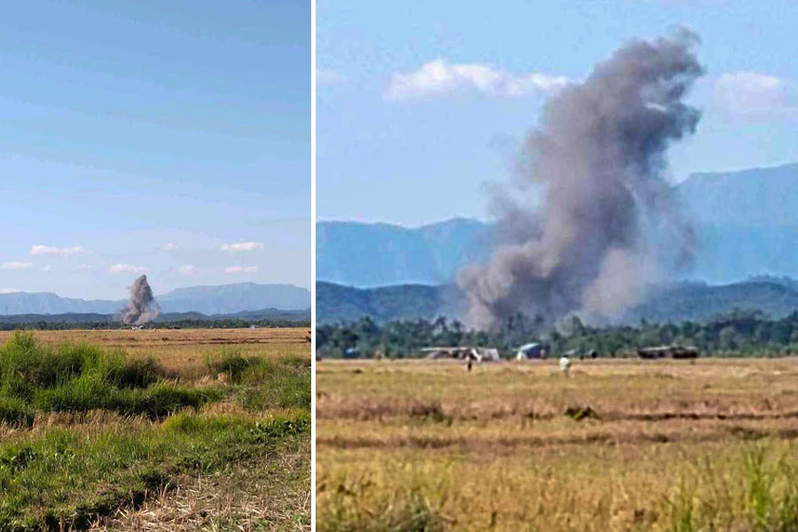 An explosion caused by an artillery strike on Alekyun Village is seen from a distance. (Photo: Supplied)